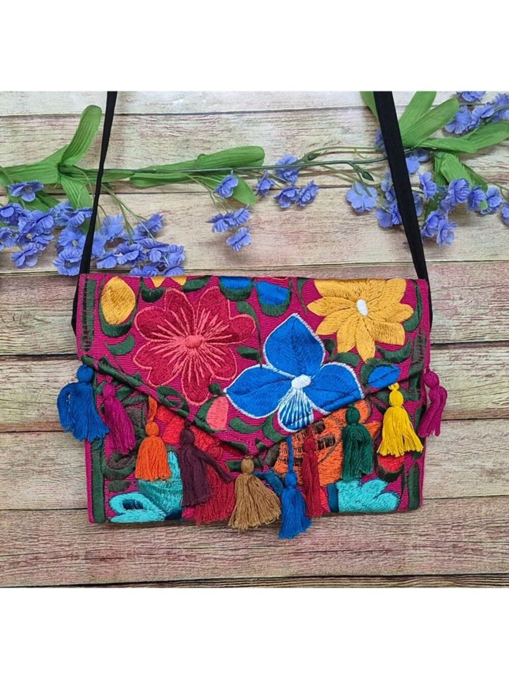 NWOT Mexican Embroidered Crossbody Envelope Purse Multicolor Floral Tassels